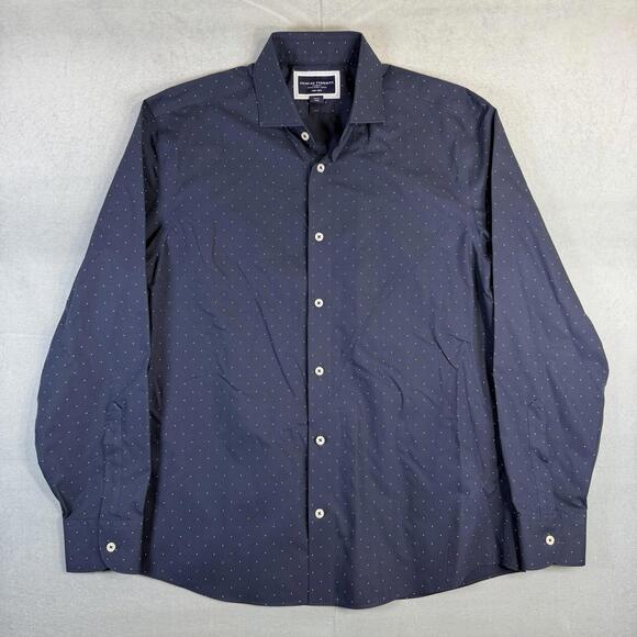 Charles Tyrwhitt Dress Shirt Mens Large Navy Polka Dot Slim Fit Non Iron - Picture 1 of 6